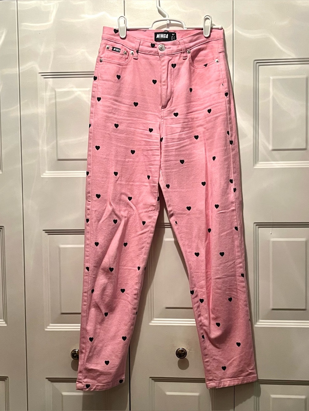 Minga London pink black embroidered heart jeans pants 26” 2